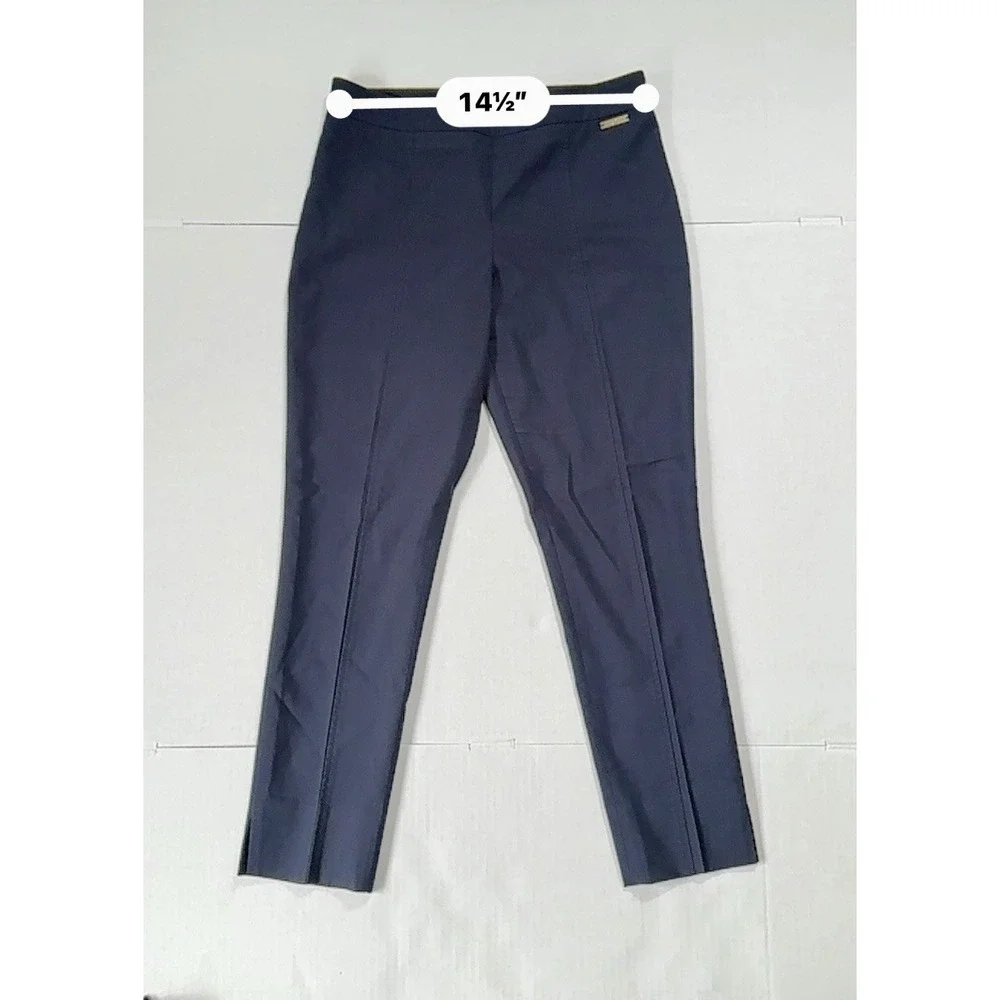 Tory Burch Navy Blue Side Zip Slim Leg Trousers Gold Logo Plaque Pants